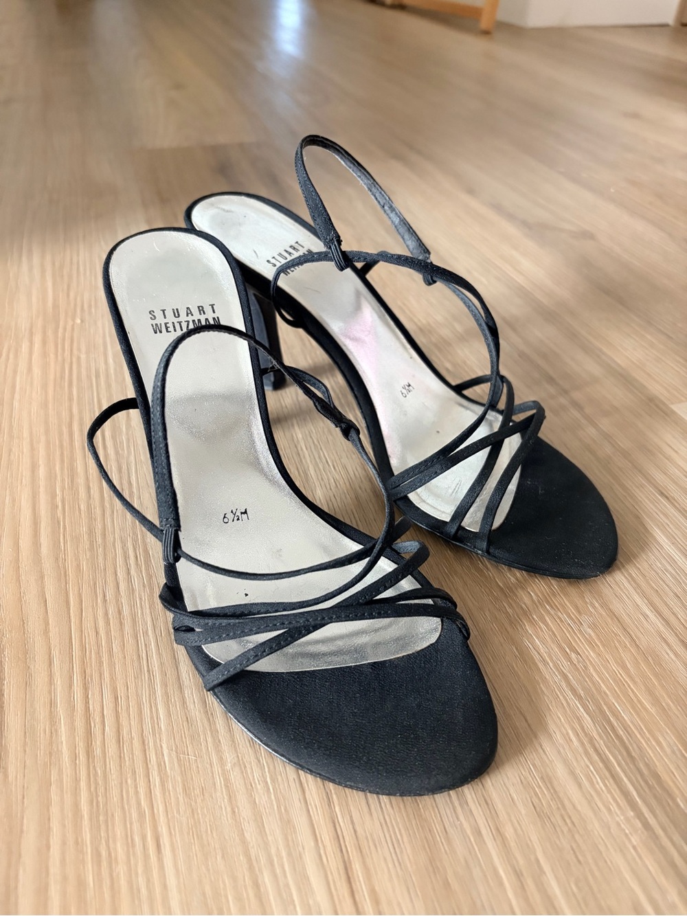 Stuart Weitzman Black Strappy Leather Open-Toe Slingback Heels
